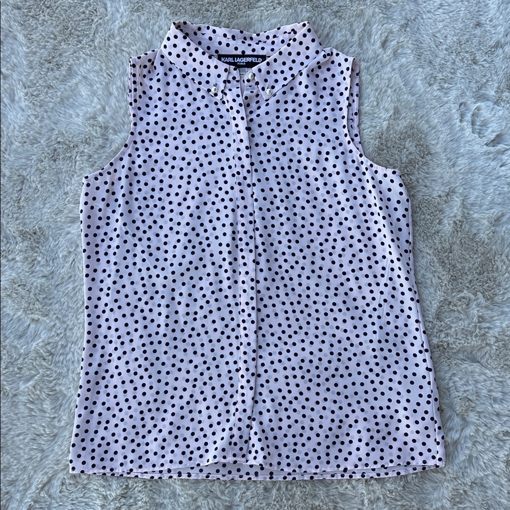Karl Lagerfeld Pink Navy Polka Dot Sleeveless Blouse | Size M | NEW